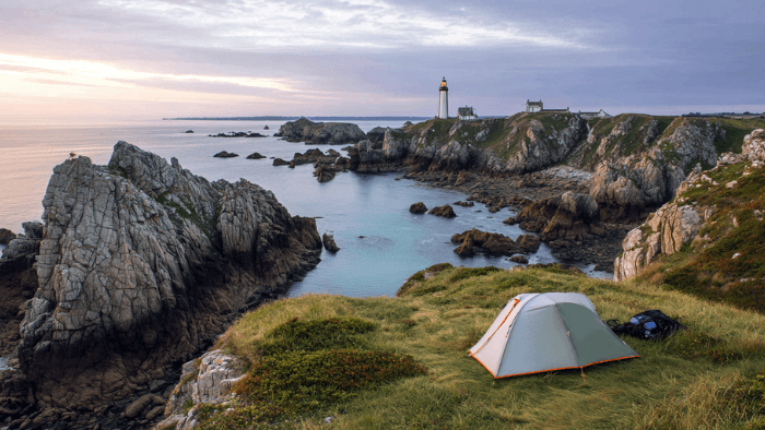 Camping sauvage en Bretagne - Côte du Finistère avec phare au coucher de soleil