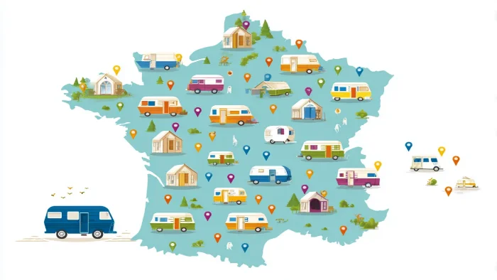 Carte France destinations camping avec tarifs par région : Bretagne, Vendée, Landes, Côte d'Azur