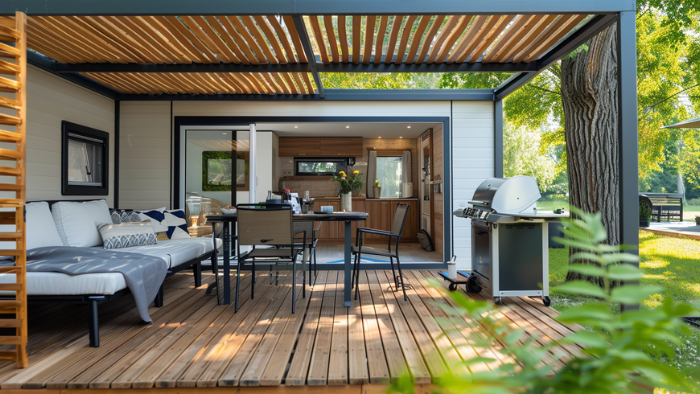 Arrivée mobil-home camping - Famille avec clés et valises devant hébergement