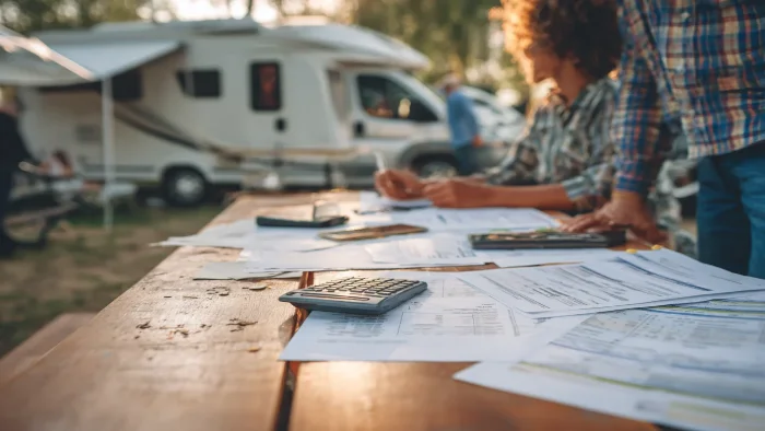 Famille calculant le prix d'un emplacement camping avec documents tarifs et calculatrice sur table