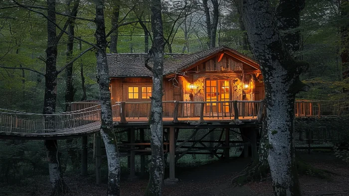 Cabane perchée écologique en forêt française