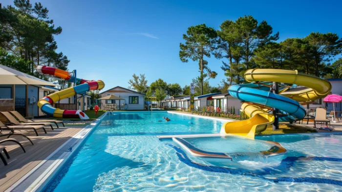 Parc aquatique moderne dans un camping 5 étoiles avec piscines chauffées, toboggans colorés, palmiers et familles qui s’amusent par une journée ensoleillée, style photo de brochure touristique