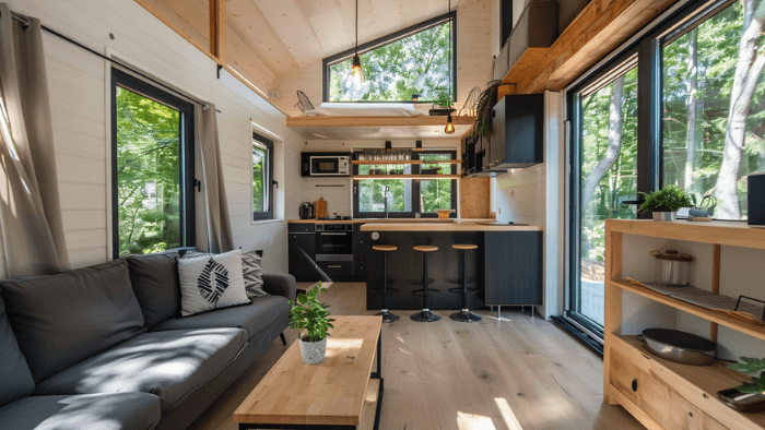 Intérieur mobil-home moderne - Cuisine équipée et salon spacieux camping