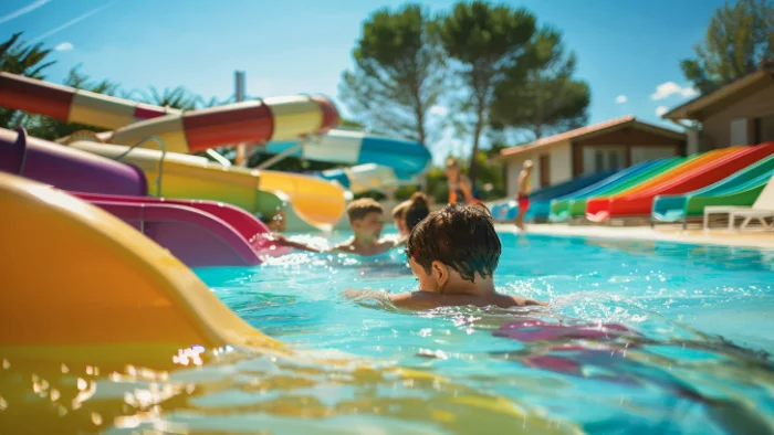 Famille avec enfants s'amusant dans la piscine d'un camping familial moderne avec mobil-homes et toboggans aquatiques