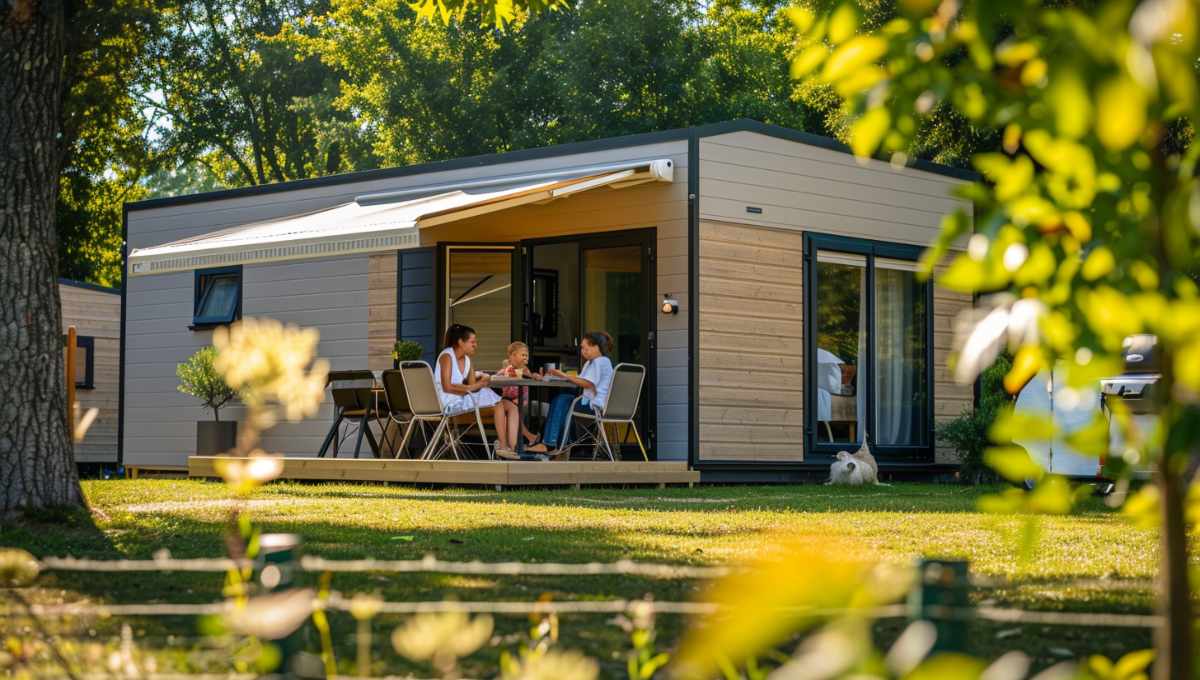 Mobil-home premium avec terrasse couverte où une famille prend le petit-déjeuner dans un camping