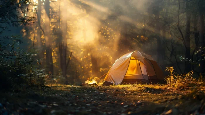 Matin magique de camping en forêt française