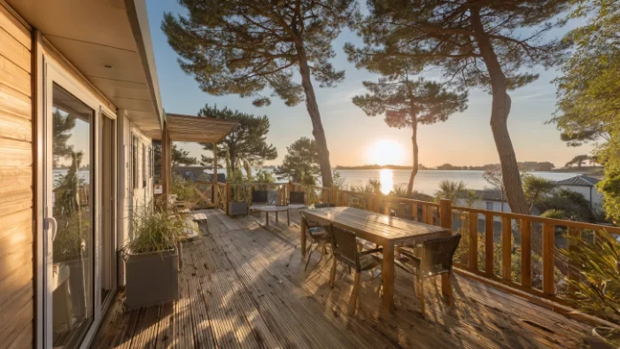 Camping 5 étoiles en Bretagne avec mobil-homes premium offrant une vue sur mer, grande piscine moderne avec toboggans, cadre verdoyant et fleuri, photo touristique professionnelle en plein jour
