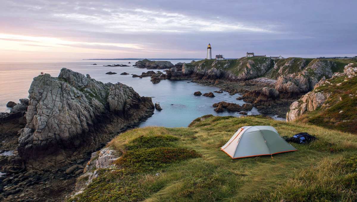Camping sauvage en Bretagne - Côte du Finistère avec phare au coucher de soleil