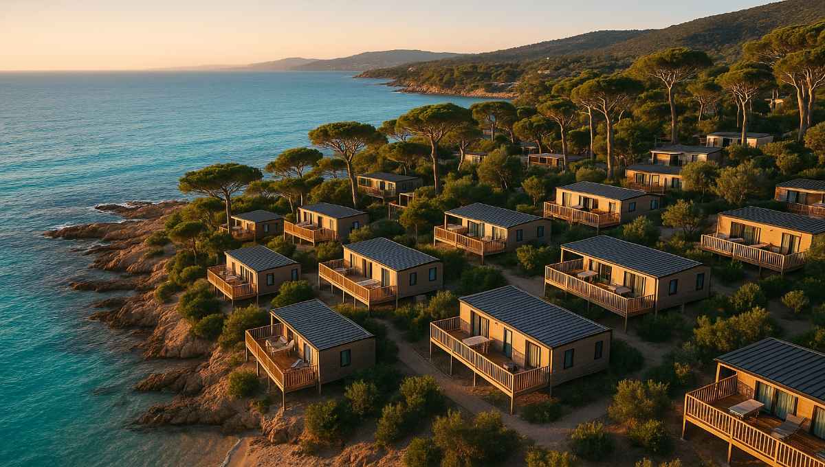 Camping 5 étoiles Côte d'Azur avec vue mer panoramique et mobil-homes premium en bord de plage²