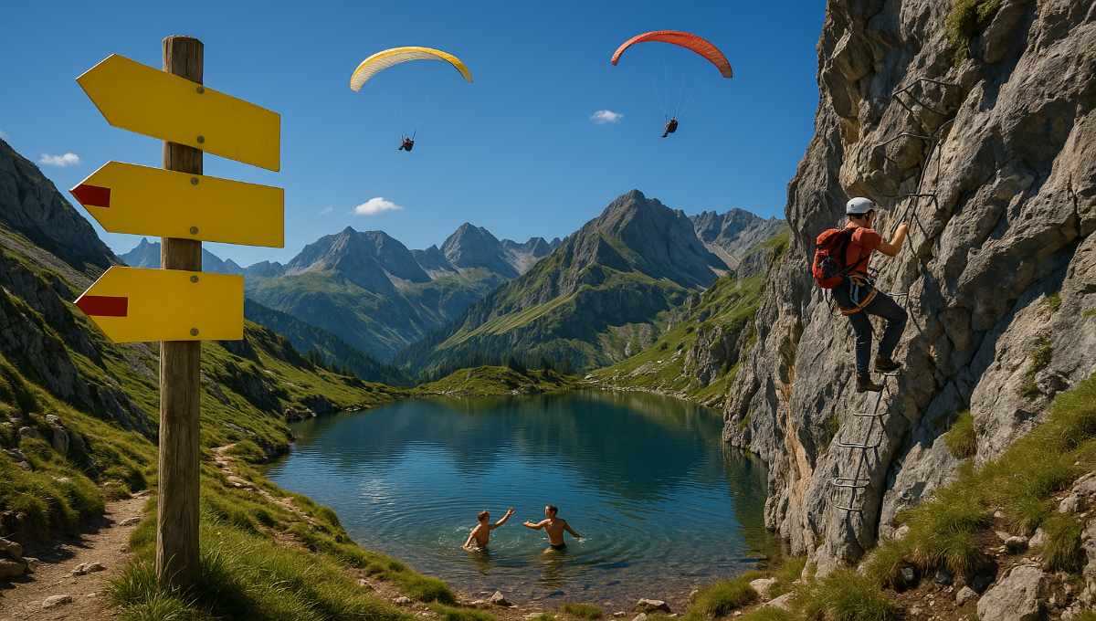 Activités camping montagne été : randonnée, baignade lac d'altitude, via ferrata et parapente dans les Alpes