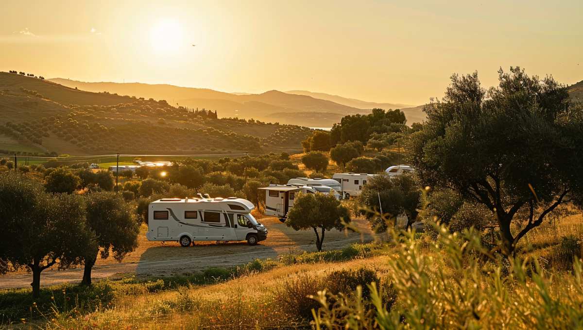 Aire de camping-car en Espagne avec vue sur la côte méditerranéenne et camping-cars stationnés