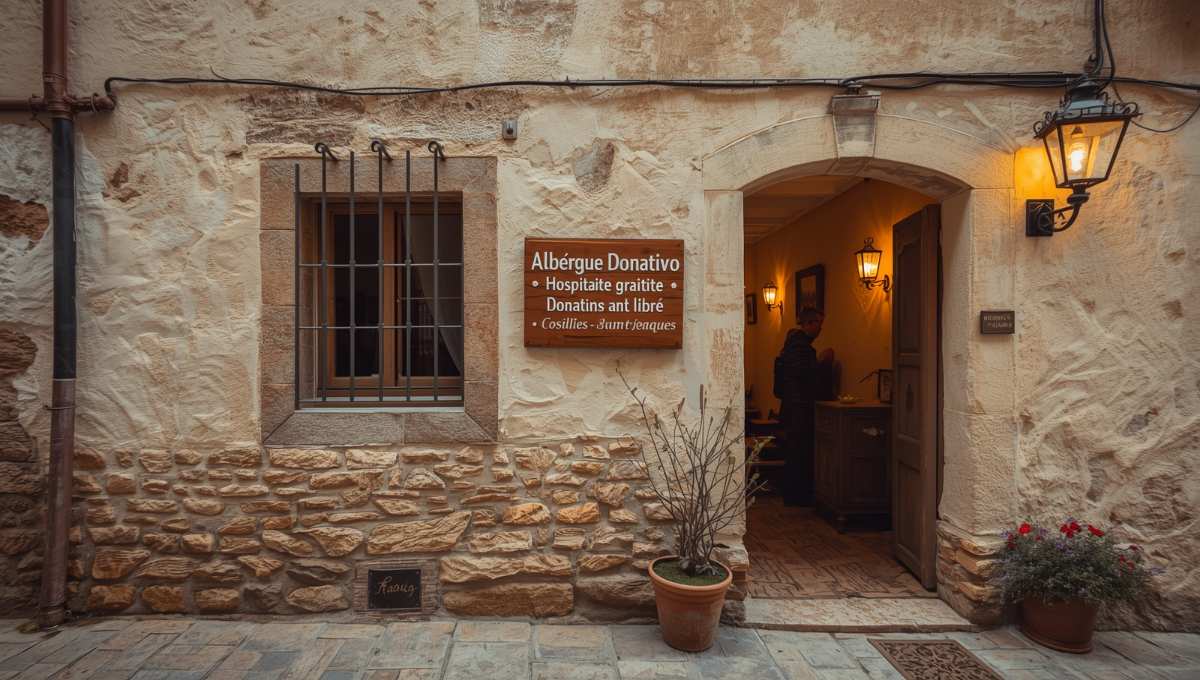 Façade d'un albergue donativo typique sur le Chemin de Compostelle avec panneau "Hospitalité gratuite - Donation libre