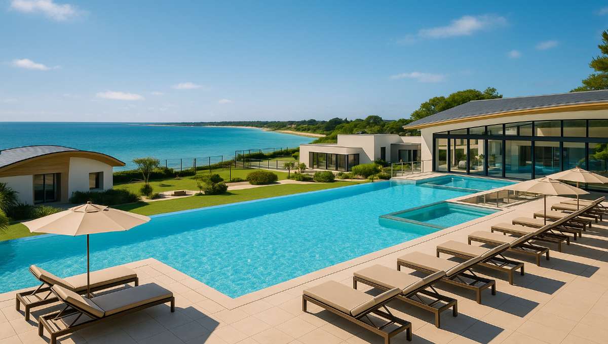 Spa et piscine d'un camping 5 étoiles à Fouesnant avec vue sur l'océan Atlantique en Bretagne