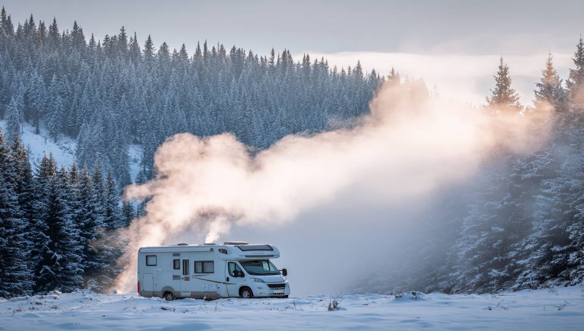 Camping-car équipé d'un système de chauffage efficace stationné dans un paysage hivernal de montagne