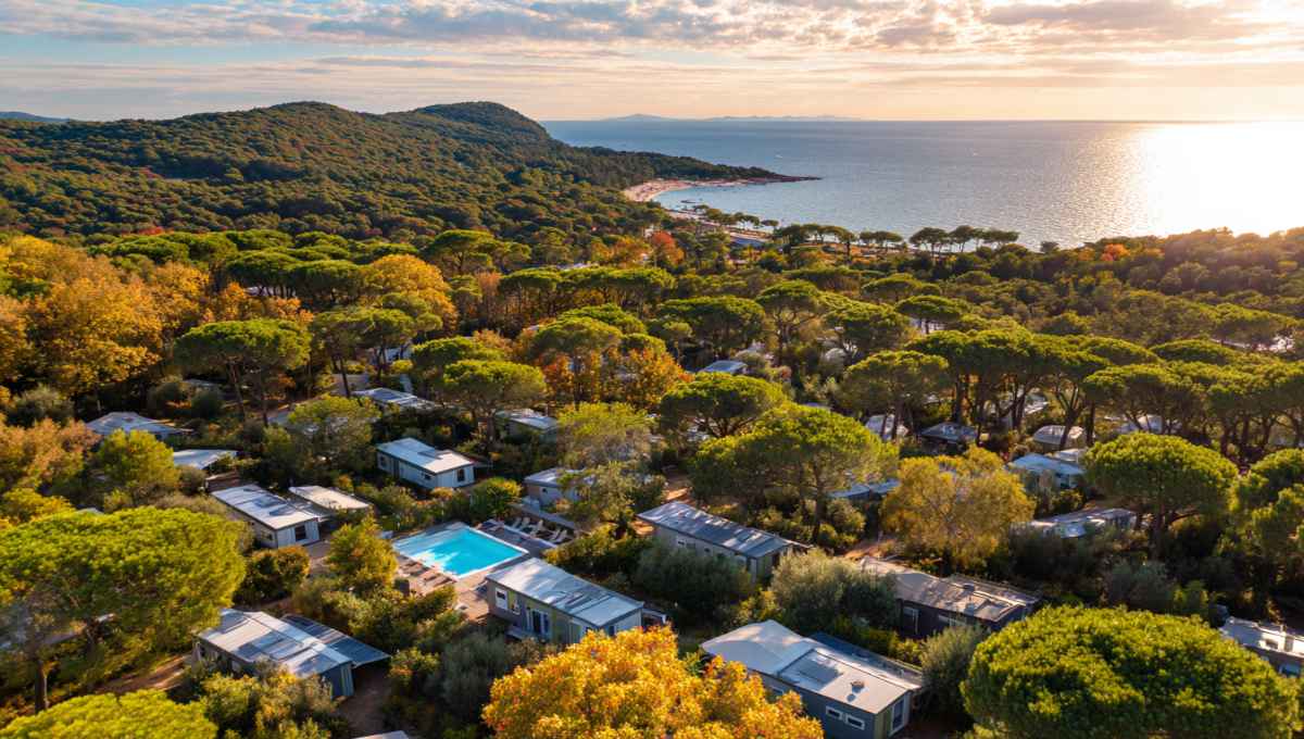 Panorama camping Côte d'Azur en automne avec mobil-homes dans la pinède face à la baie de Cannes sous lumière dorée