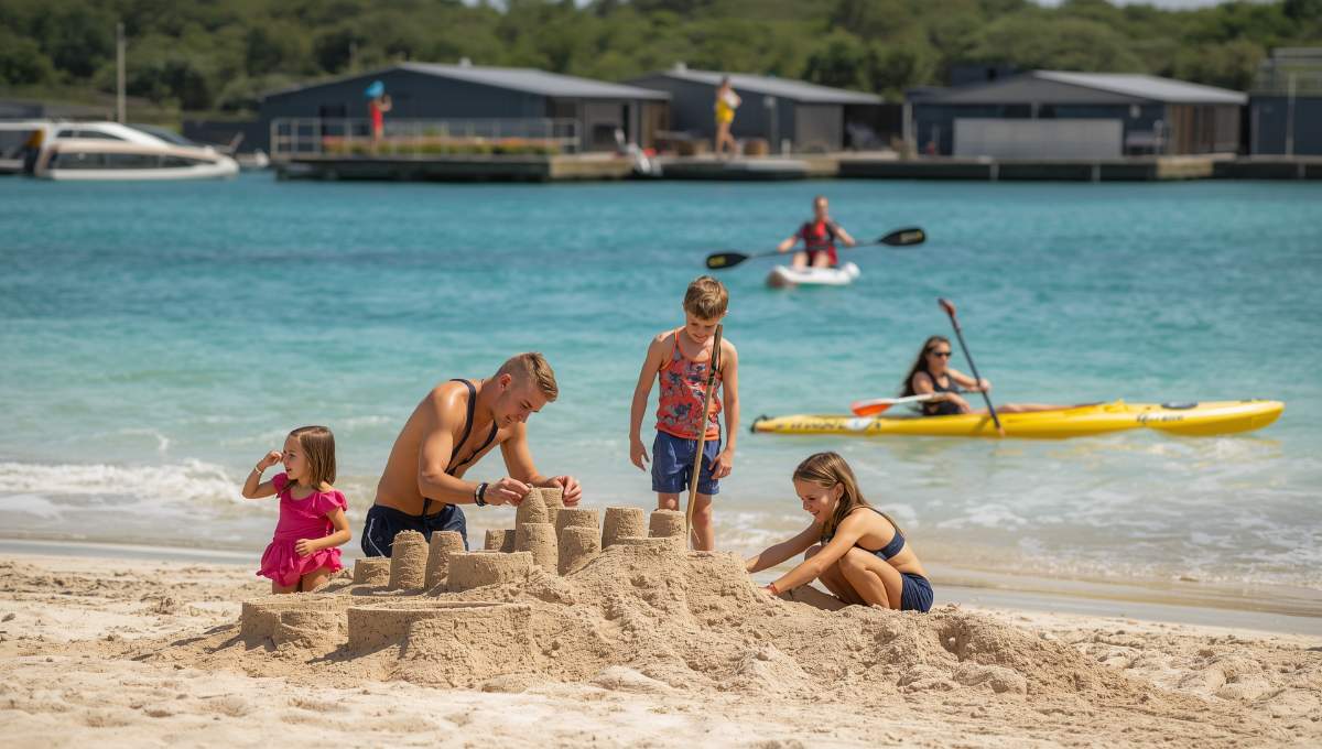 Enfants jouant sur une plage bretonne surveillée près d'un camping familial, activités nautiques, sable fin et eaux turquoise, ambiance familiale estivale