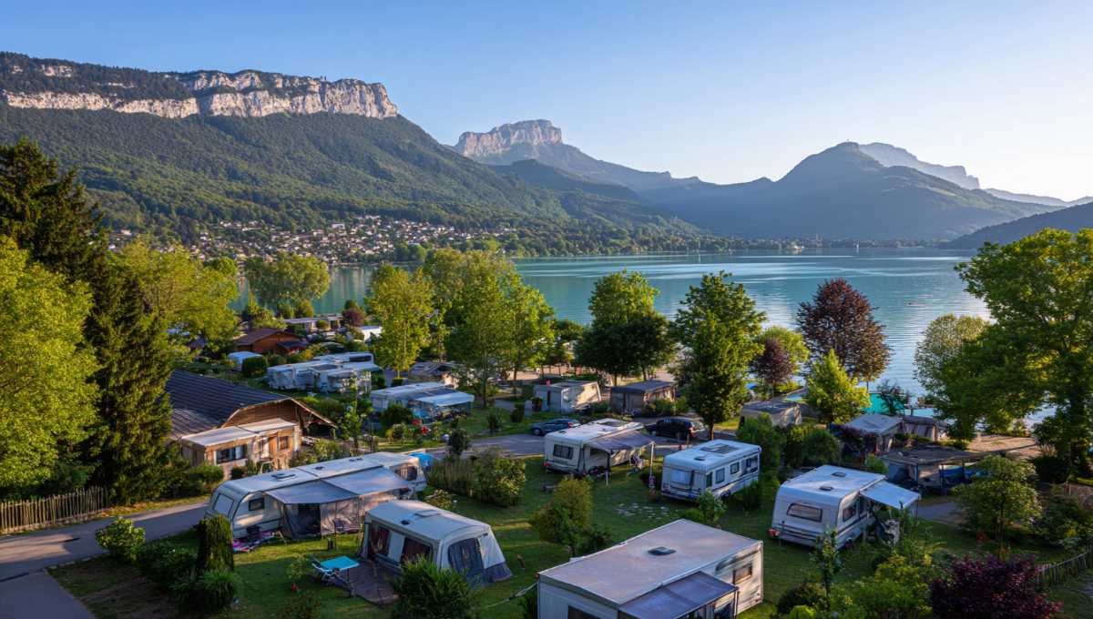 Camping au bord du lac d'Annecy avec emplacements tentes et mobil-homes face aux montagnes