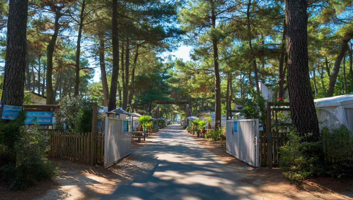 Entrée officielle du camping municipal La Civelle à Capbreton avec panneau municipal et emplacements en forêt de pins