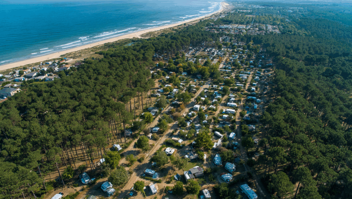 Vue aérienne d'un camping municipal des Landes avec emplacements spacieux sous les pins maritimes et accès direct à la plage atlantique