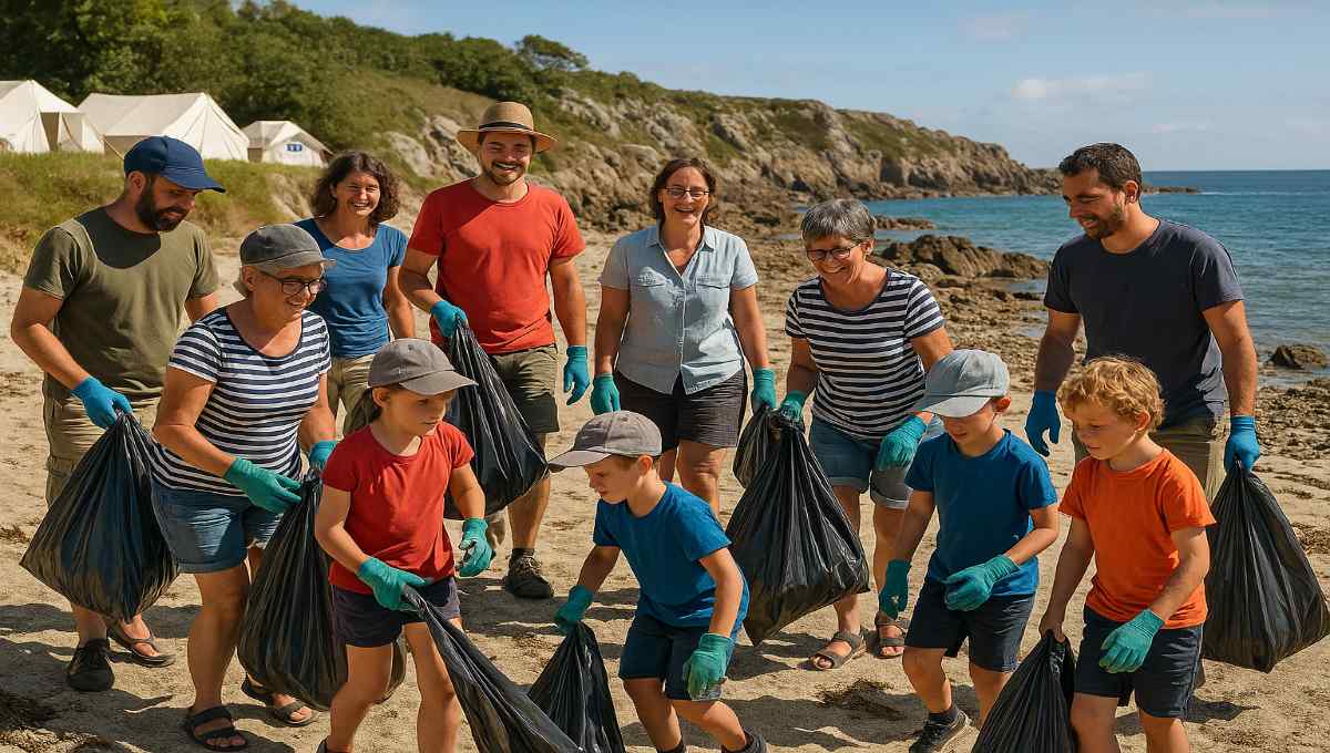 Groupe de campeurs GCU participant au nettoyage collectif d'une plage bretonne, action écologique et solidaire