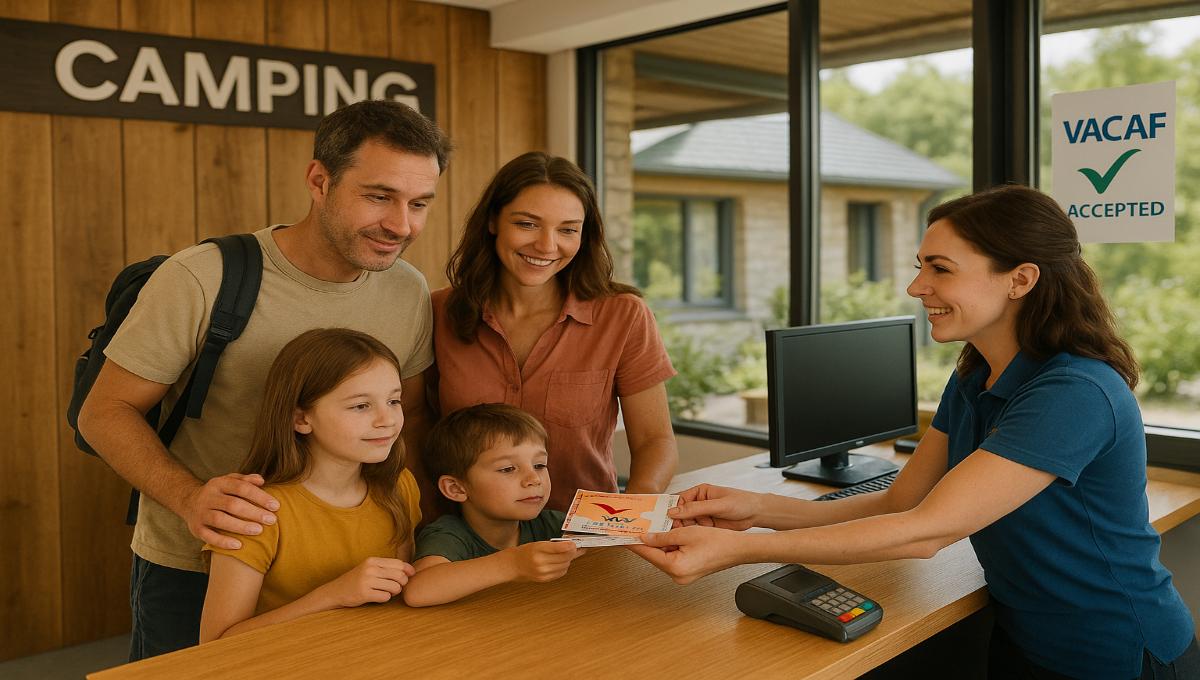 Famille utilisant des chèques vacances ANCV à la réception d'un camping VACAF à Fouesnant