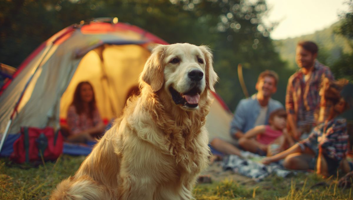 Chien en camping avec sa famille devant leur tente