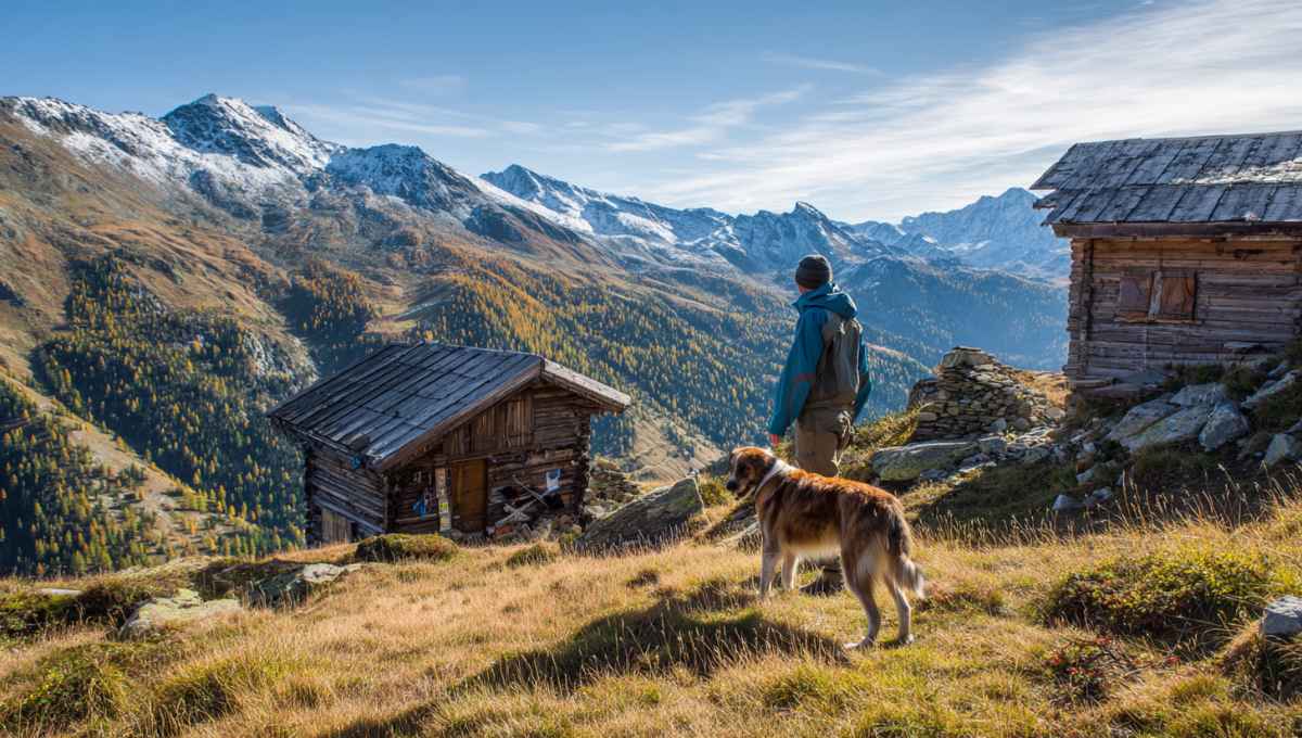 Chien en camping de montagne prêt pour la randonnée