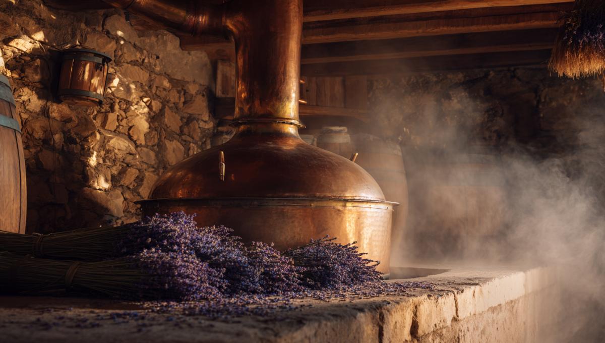 Alambic traditionnel en cuivre distillant la lavande fraîche dans une distillerie artisanale de Provence avec vapeur d'huile essentielle