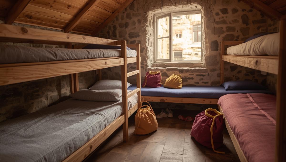 Intérieur d'un dortoir d'albergue donativo avec lits superposés et ambiance chaleureuse entre pèlerins
