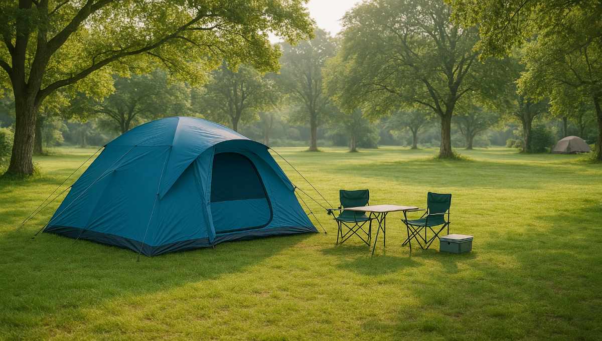 Emplacement camping participatif avec tente familiale, espace généreux et cadre naturel préservé