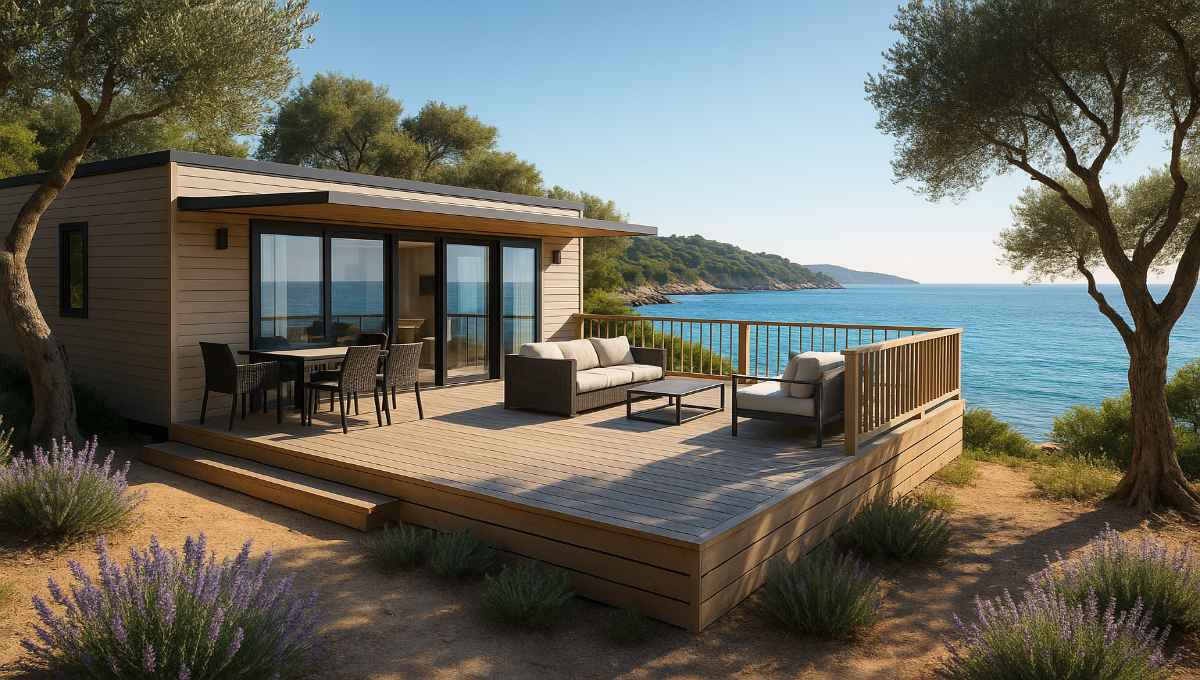 Mobil-home bord de mer - Terrasse avec vue océan pour petit-déjeuner