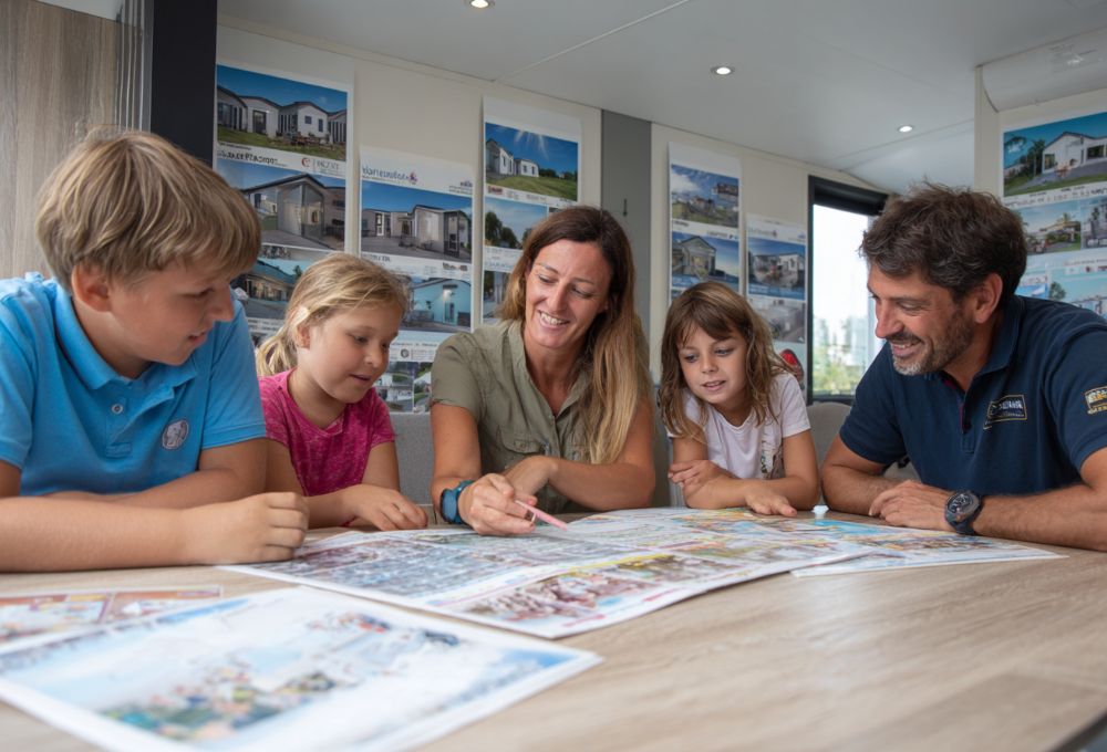 Famille préparant méthodiquement vacances camping avec calculatrice et checklist pour optimiser budget