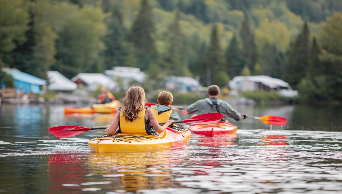 Activités nautiques en famille sur lac avec paddles et kayaks depuis un camping