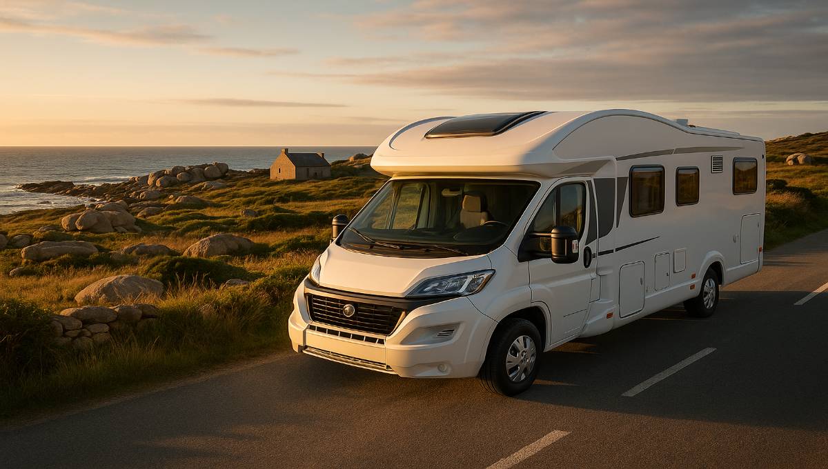 Guide camping-car débutant 2025 : camping-car moderne sur route côtière bretonne