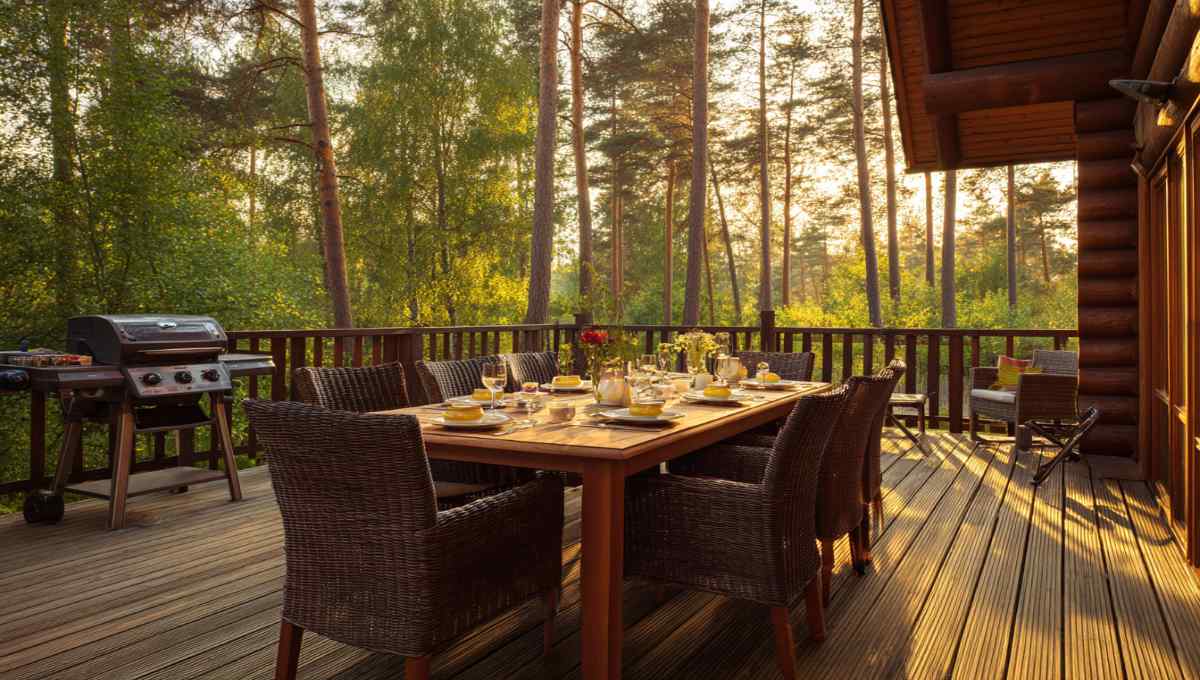 Terrasse d'un cottage Center Parcs avec barbecue et table dressée pour un repas en famille