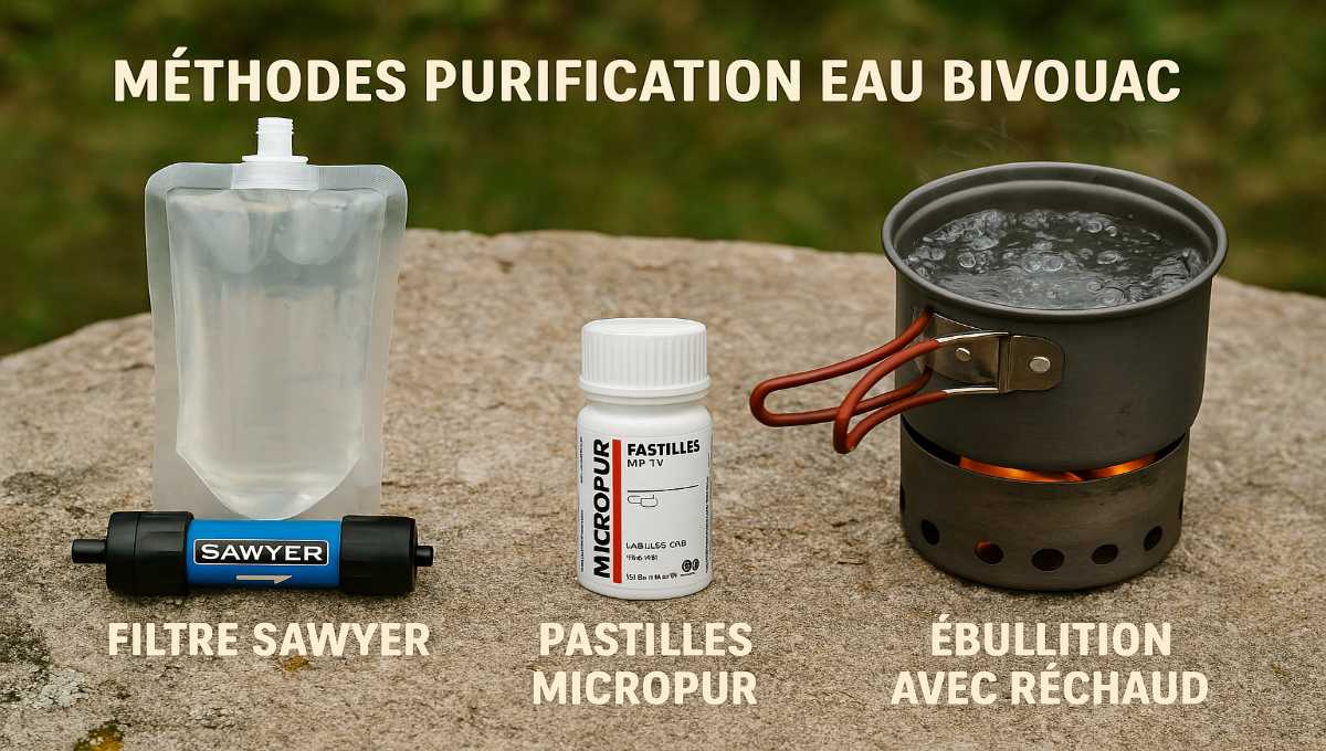 Méthodes purification eau bivouac : filtre Sawyer, pastilles Micropur et ébullition avec réchaud