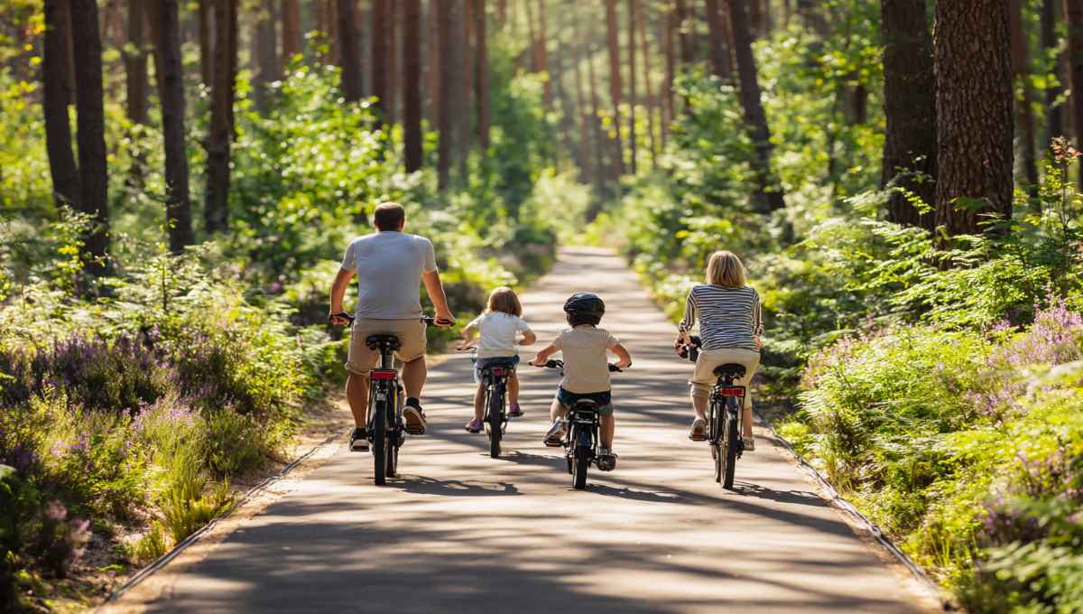 Famille faisant du vélo sur une piste cyclable ombragée et sécurisée du Center Parcs Bois aux Daims