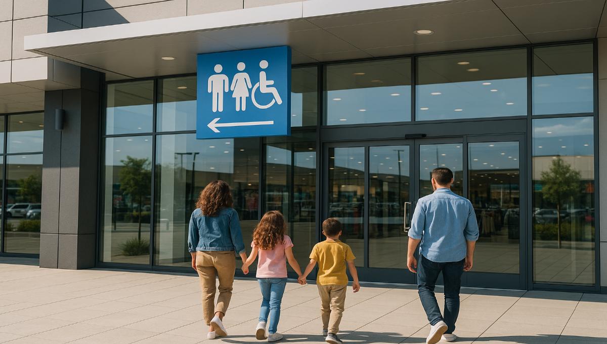 Centre commercial avec signalétique toilettes et famille