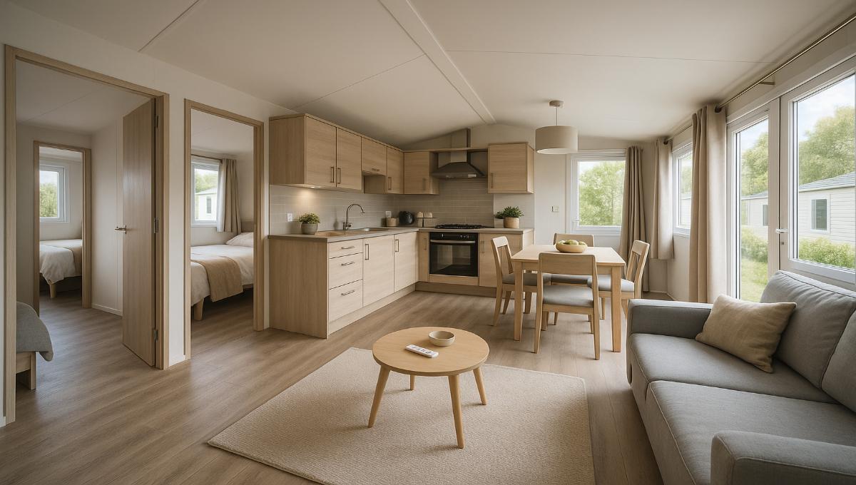 Intérieur spacieux mobil-home 2 chambres avec cuisine équipée ouverte sur salon moderne