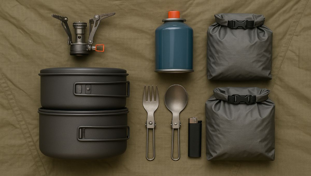 Kit cuisine bivouac complet : réchaud gaz, popote, couverts titane et accessoires sur fond outdoor