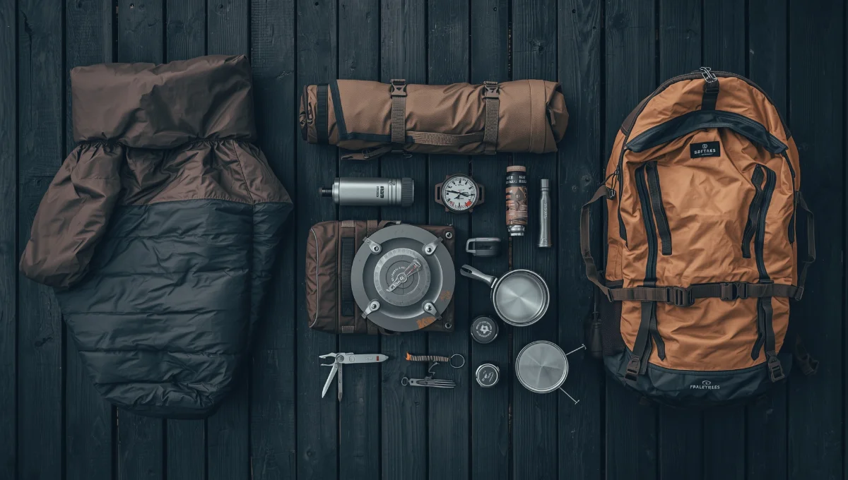 Liste matériel bivouac complet : tente, sac de couchage, réchaud, lampe frontale et équipement essentiel organisé pour camping