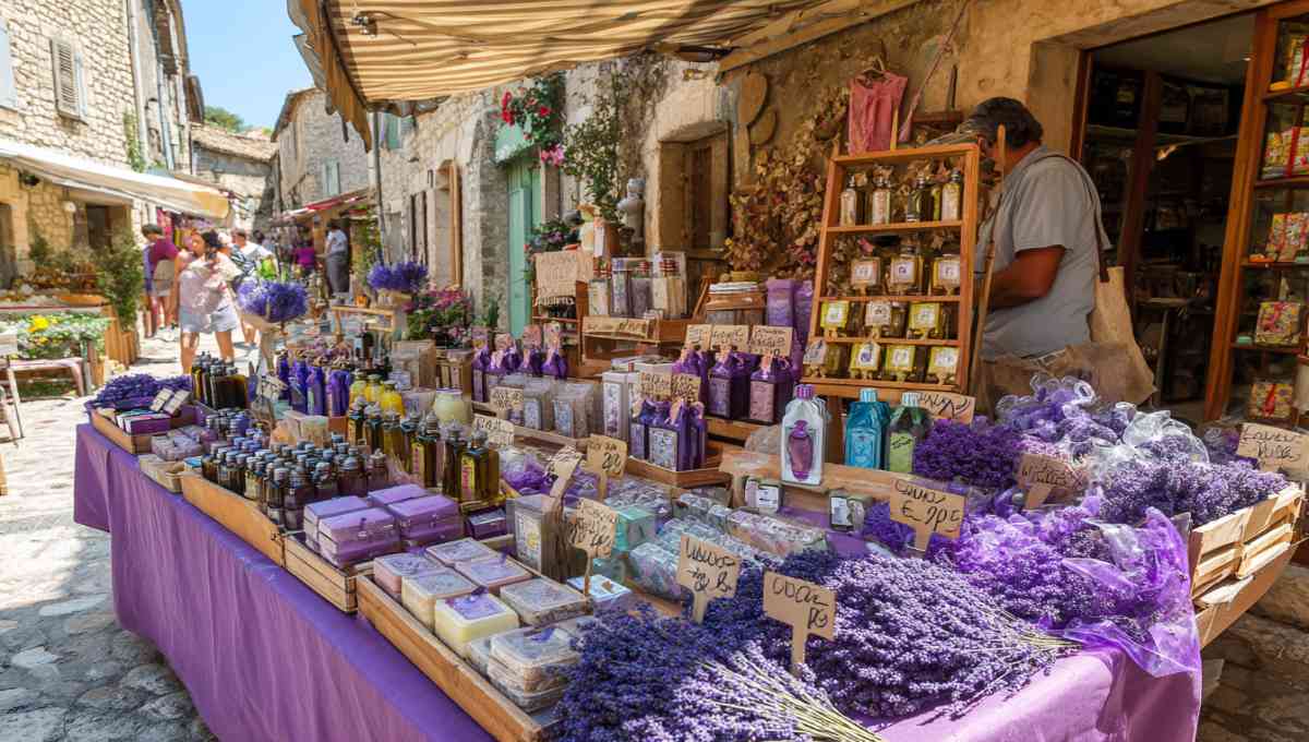Stand de marché provençal avec produits authentiques de lavande, huiles essentielles, savons et miel avec prix affichés en euros