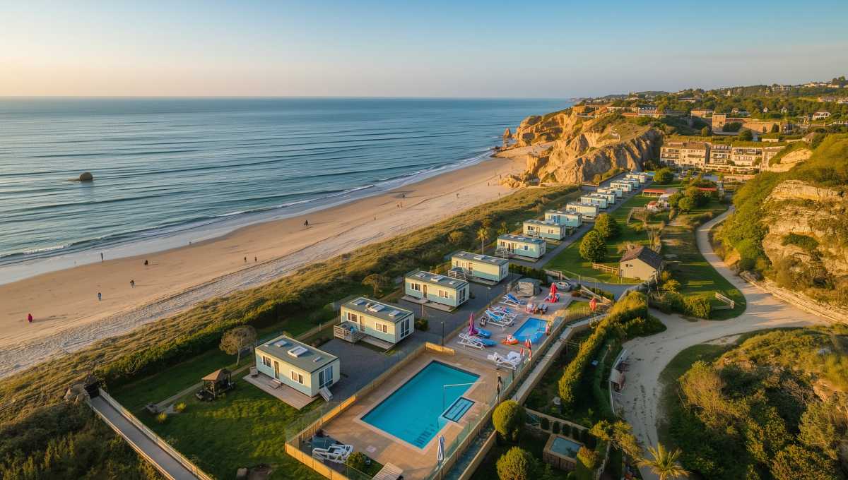 Camping bord de mer Bretagne avec vue panoramique sur l'océan Atlantique, mobil-homes modernes face aux rochers bretons, plage de sable fin accessible, photo professionnelle estivale