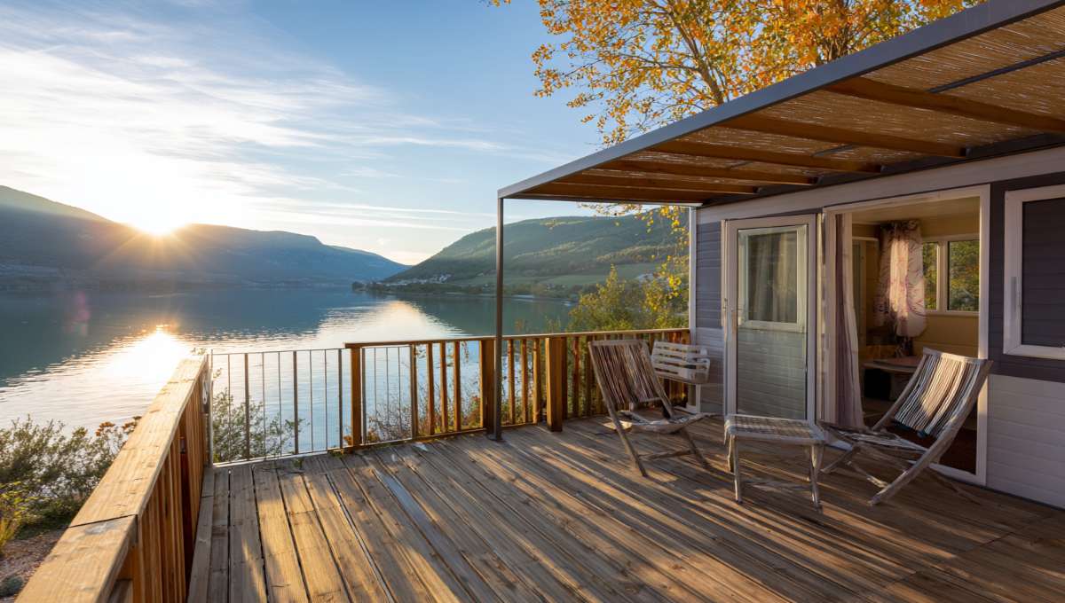 Mobil-home avec terrasse panoramique face au lac dans un camping de montagne