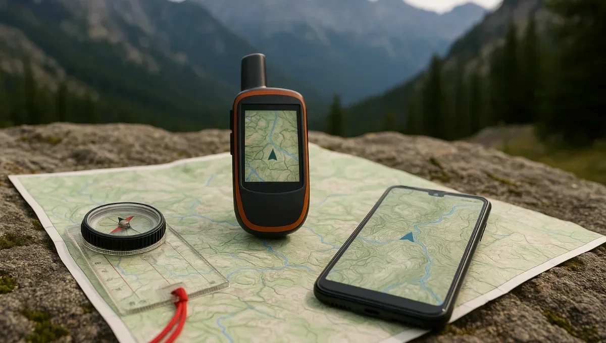 Matériel de navigation bivouac : carte topographique, boussole et GPS pour sécurité en montagne