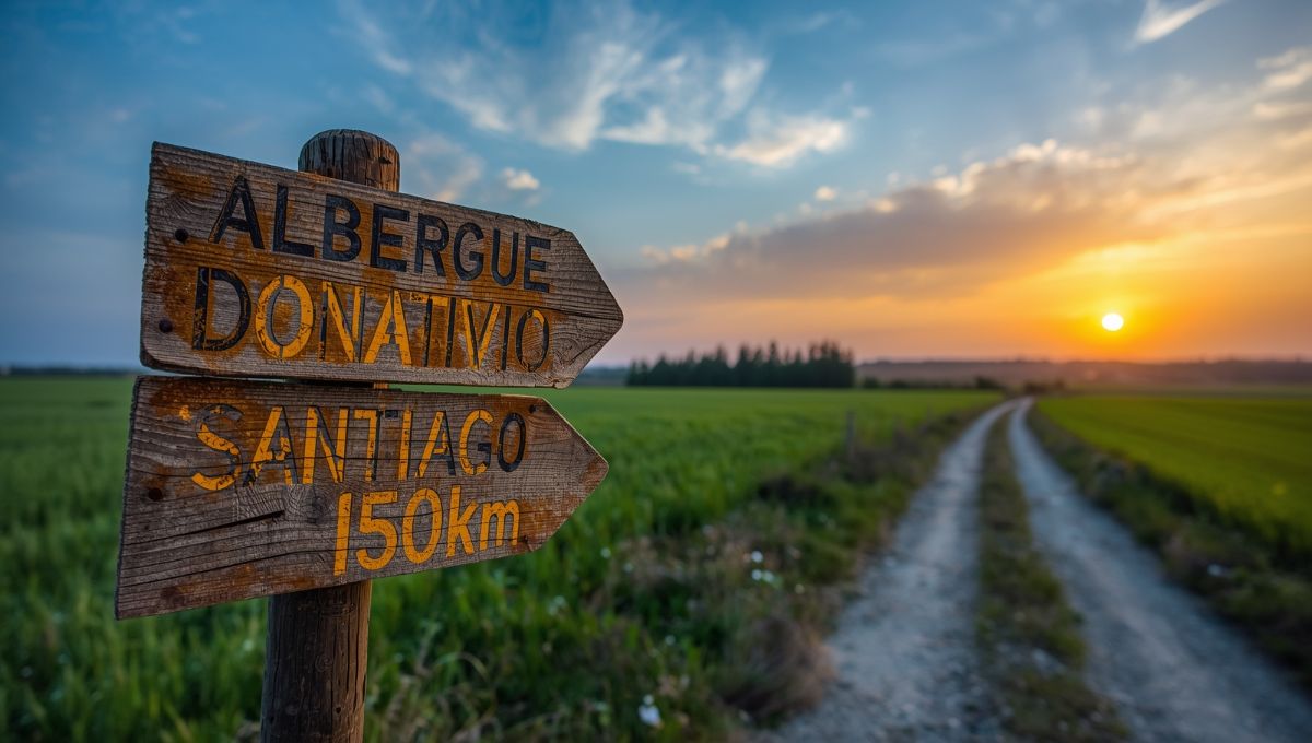 Panneau directionnel sur le Chemin de Compostelle indiquant la direction d'un albergue donativo