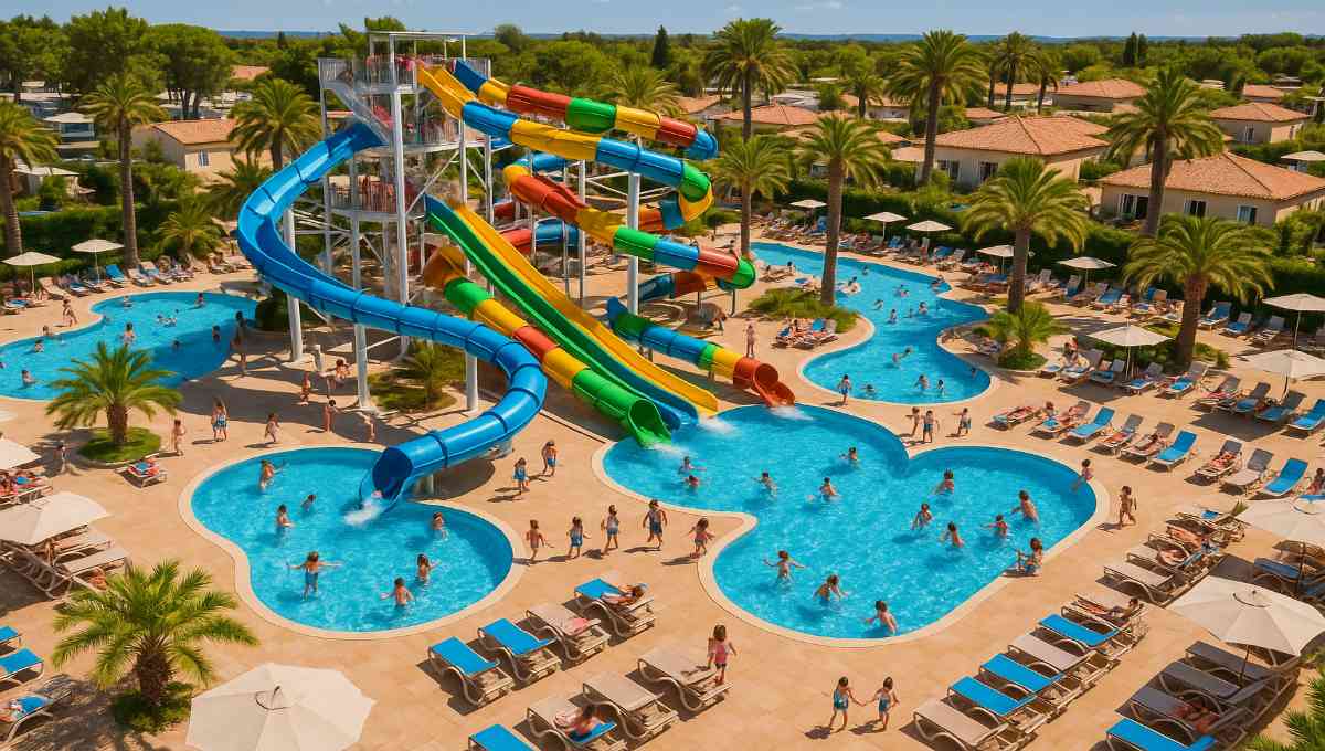 Vue aérienne d'un grand parc aquatique de camping avec toboggans colorés, piscines multiples et familles s'amusant