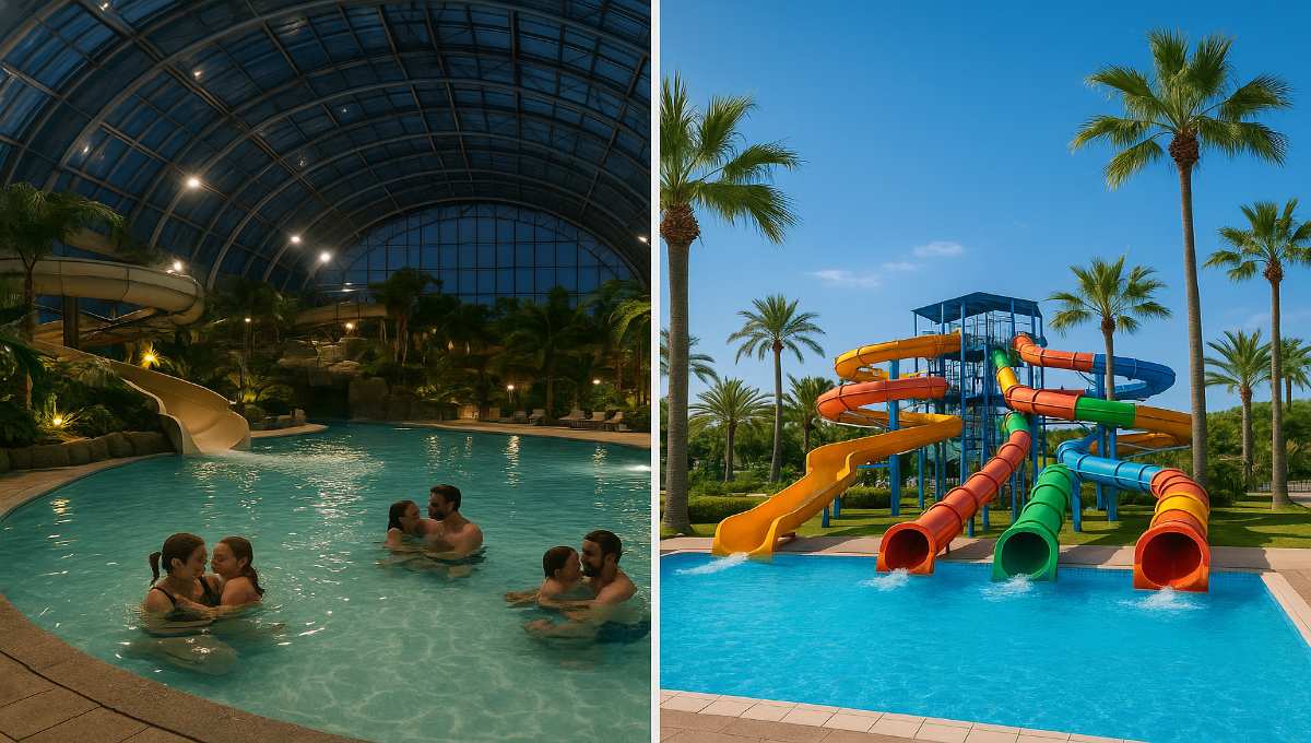 Comparaison visuelle entre parc aquatique couvert sous verrière et parc extérieur avec toboggans sous le soleil