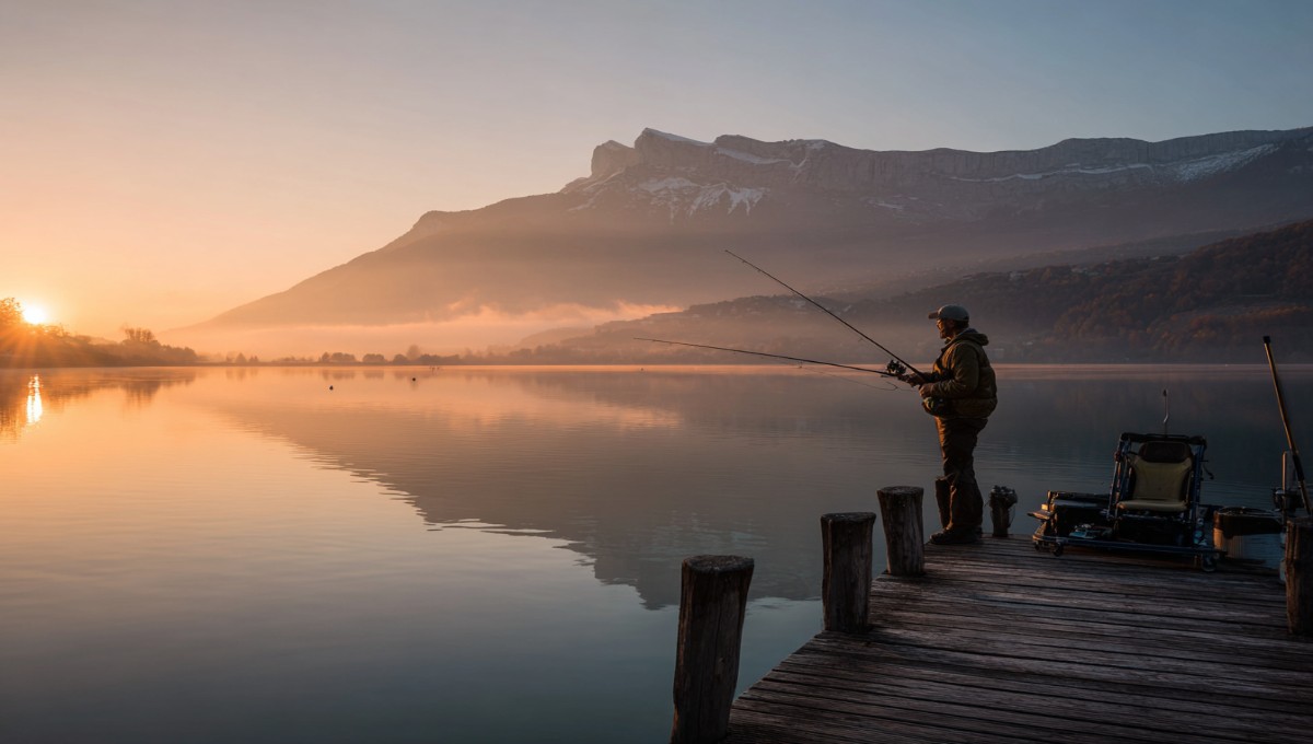 Moment paisible de pêche matinale depuis un camping au bord d'un lac de montagne