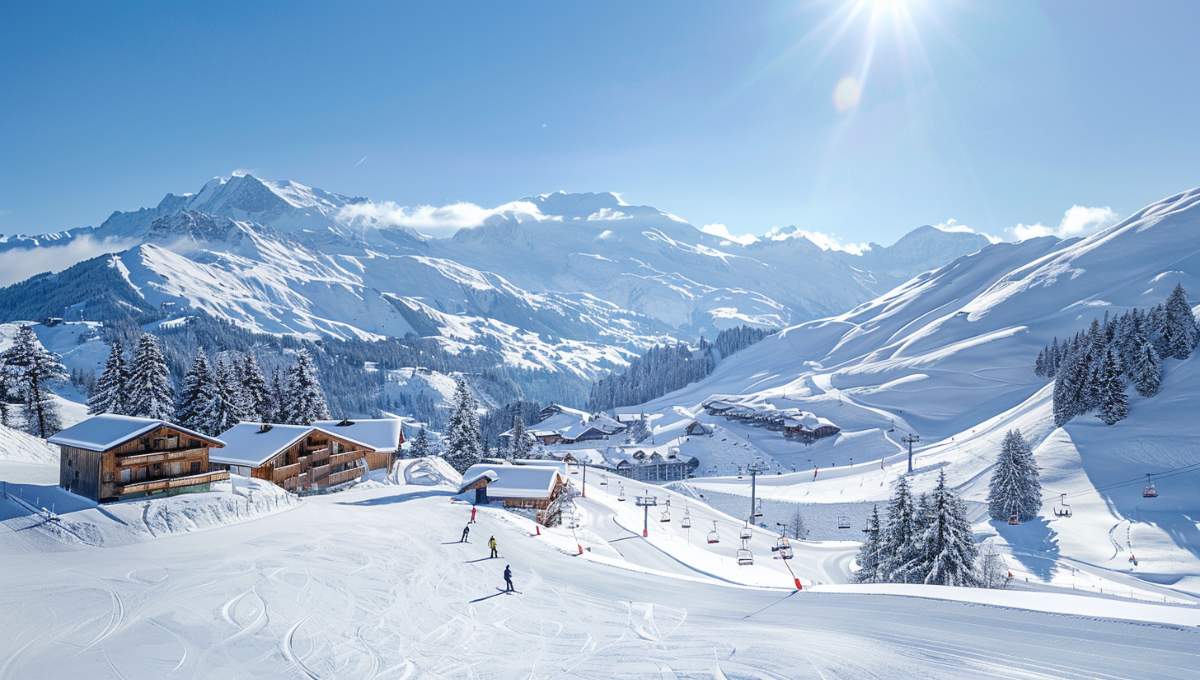 Plan des pistes Les Saisies 2025 - Vue panoramique du domaine skiable Espace Diamant avec Mont-Blanc